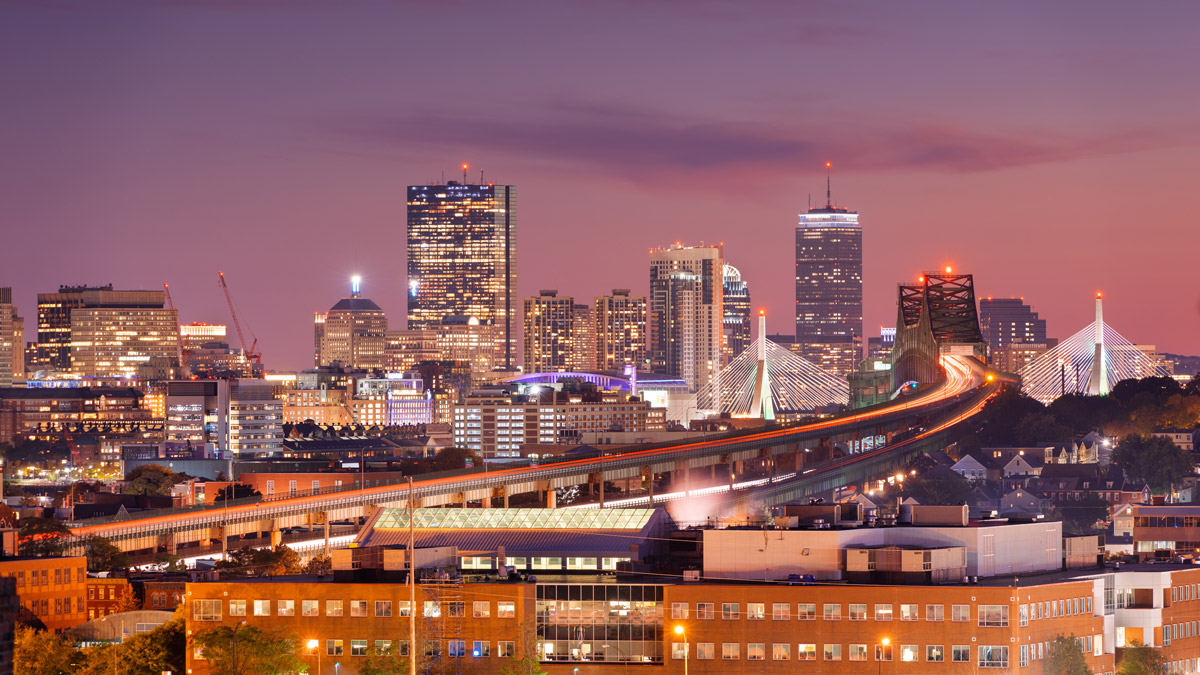 boston massachusetts usa skyline with bridges at night